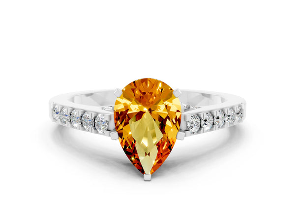 Platinum Pear Cut Citrine Solitaire Ring with Crossover Gallery and Round  Pavé Band