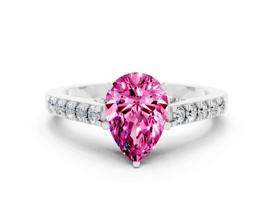 White gold Pear Cut Diamond Solitaire Ring with Pavé Band and Prong Setting