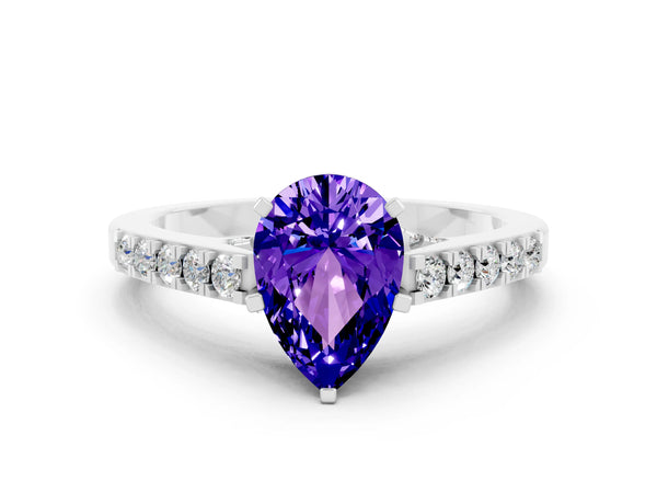 Platinum Pear Cut Tanzanite Solitaire Ring with Crossover Gallery and Round  Pavé Band