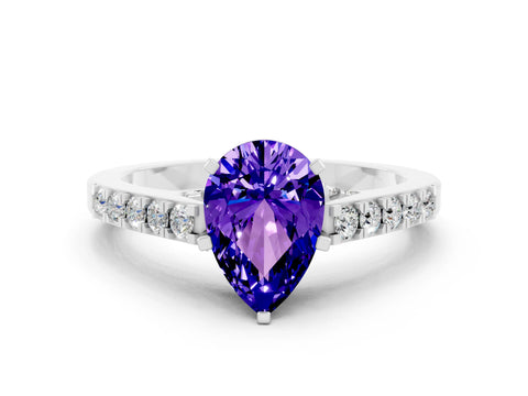 White gold Pear Cut Diamond Solitaire Ring with Pavé Band and Prong Setting