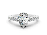 White gold Pear Cut Diamond Solitaire Ring with Pavé Band and Prong Setting