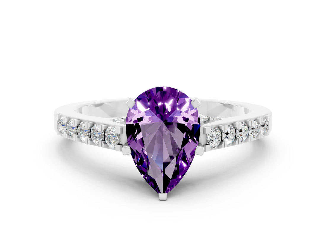 White gold Pear Cut Diamond Solitaire Ring with Pavé Band and Prong Setting