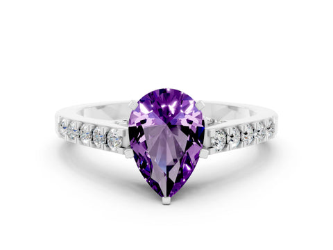 White gold Pear Cut Diamond Solitaire Ring with Pavé Band and Prong Setting