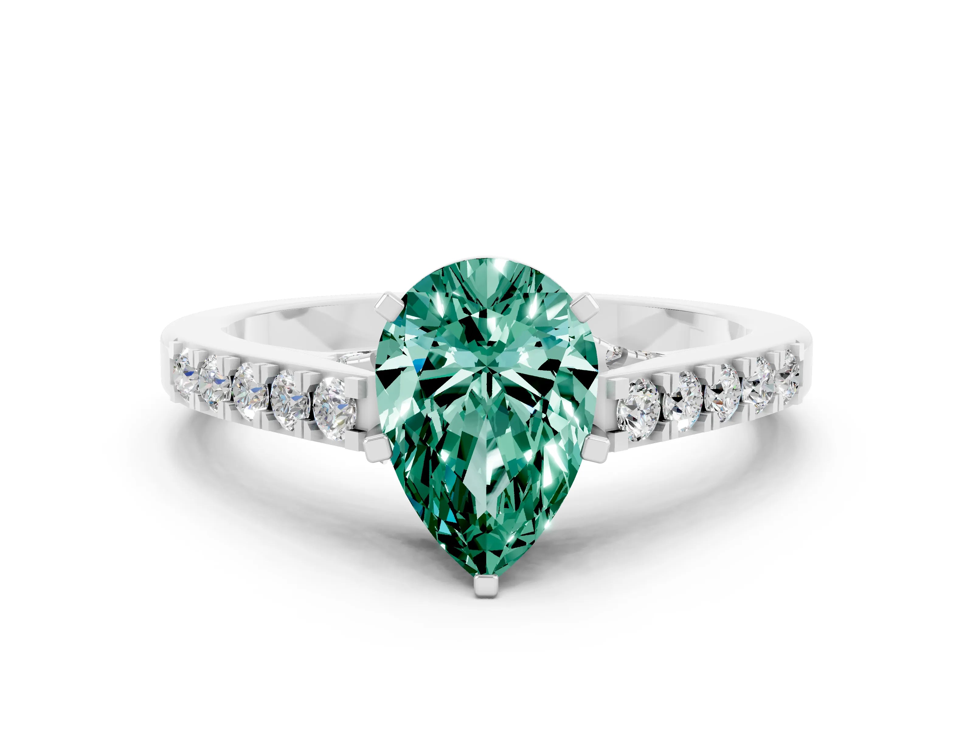 White gold Pear Cut Diamond Solitaire Ring with Pavé Band and Prong Setting
