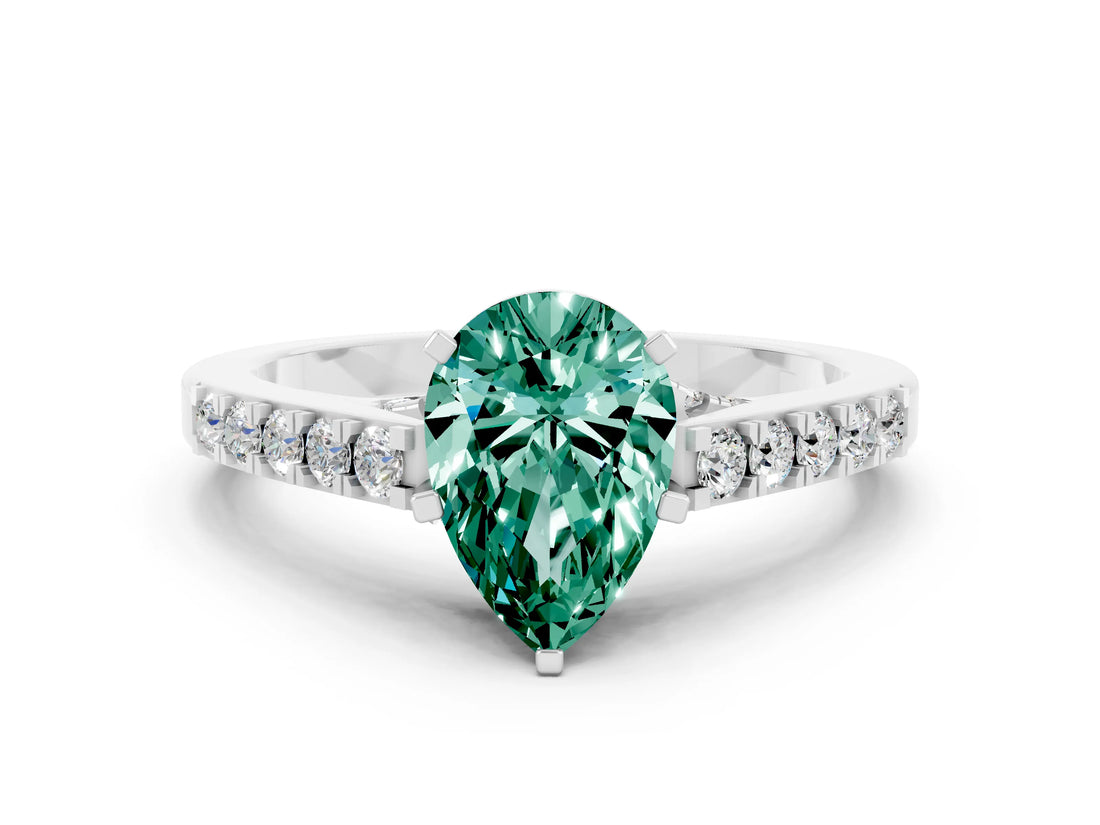White gold Pear Cut Diamond Solitaire Ring with Pavé Band and Prong Setting