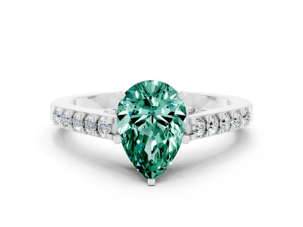 White gold Pear Cut Green Sapphire Solitaire Ring with Crossover Gallery and Round  Pavé Band
