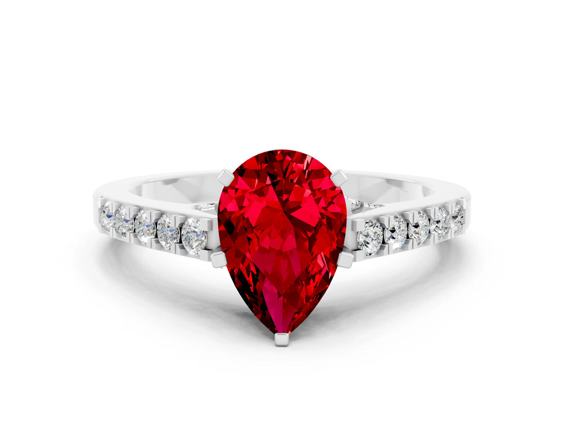 White gold Pear Cut Diamond Solitaire Ring with Pavé Band and Prong Setting