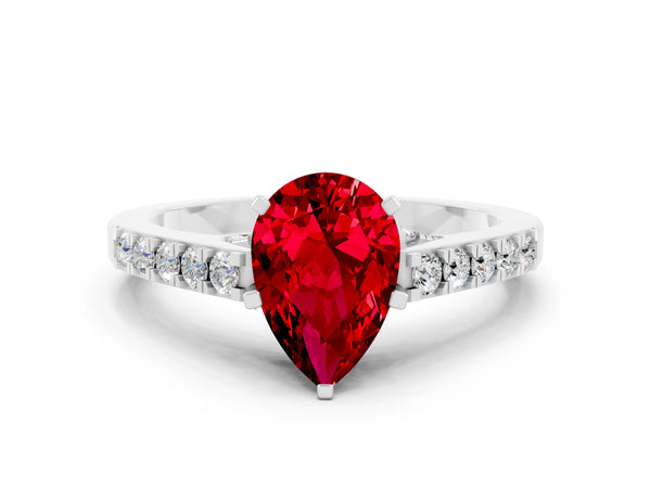 Platinum Pear Cut Ruby Solitaire Ring with Crossover Gallery and Round  Pavé Band