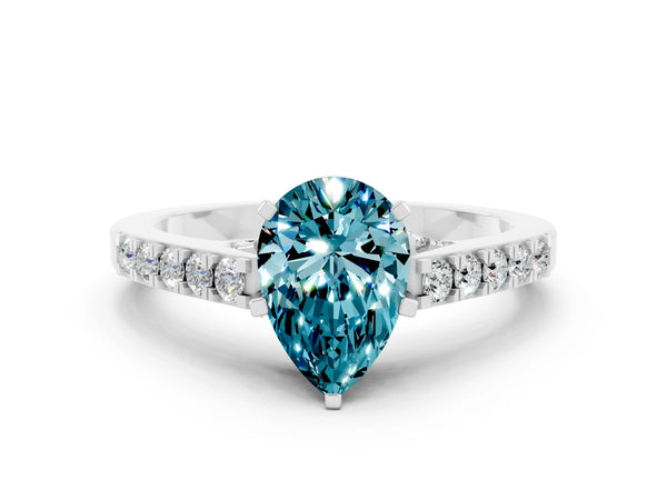 Platinum Pear Cut Blue Topaz Solitaire Ring with Crossover Gallery and Round  Pavé Band