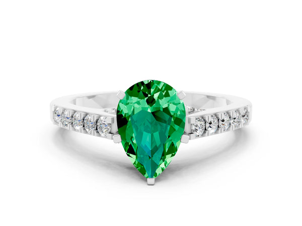 White gold Pear Cut Emerald Solitaire Ring with Crossover Gallery and Round  Pavé Band