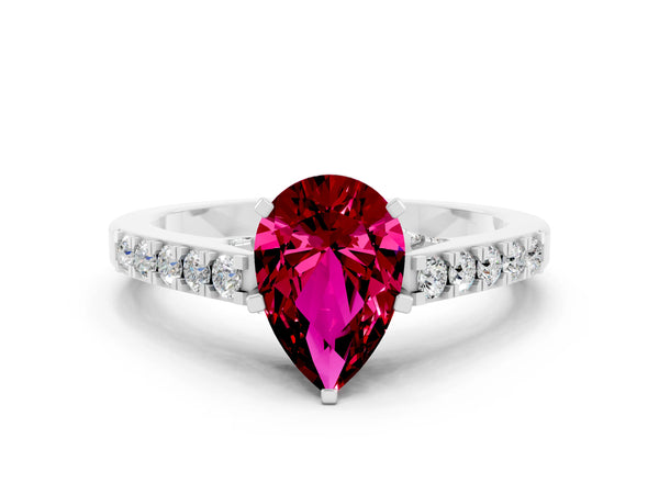 Platinum Pear Cut Garnet Solitaire Ring with Crossover Gallery and Round  Pavé Band