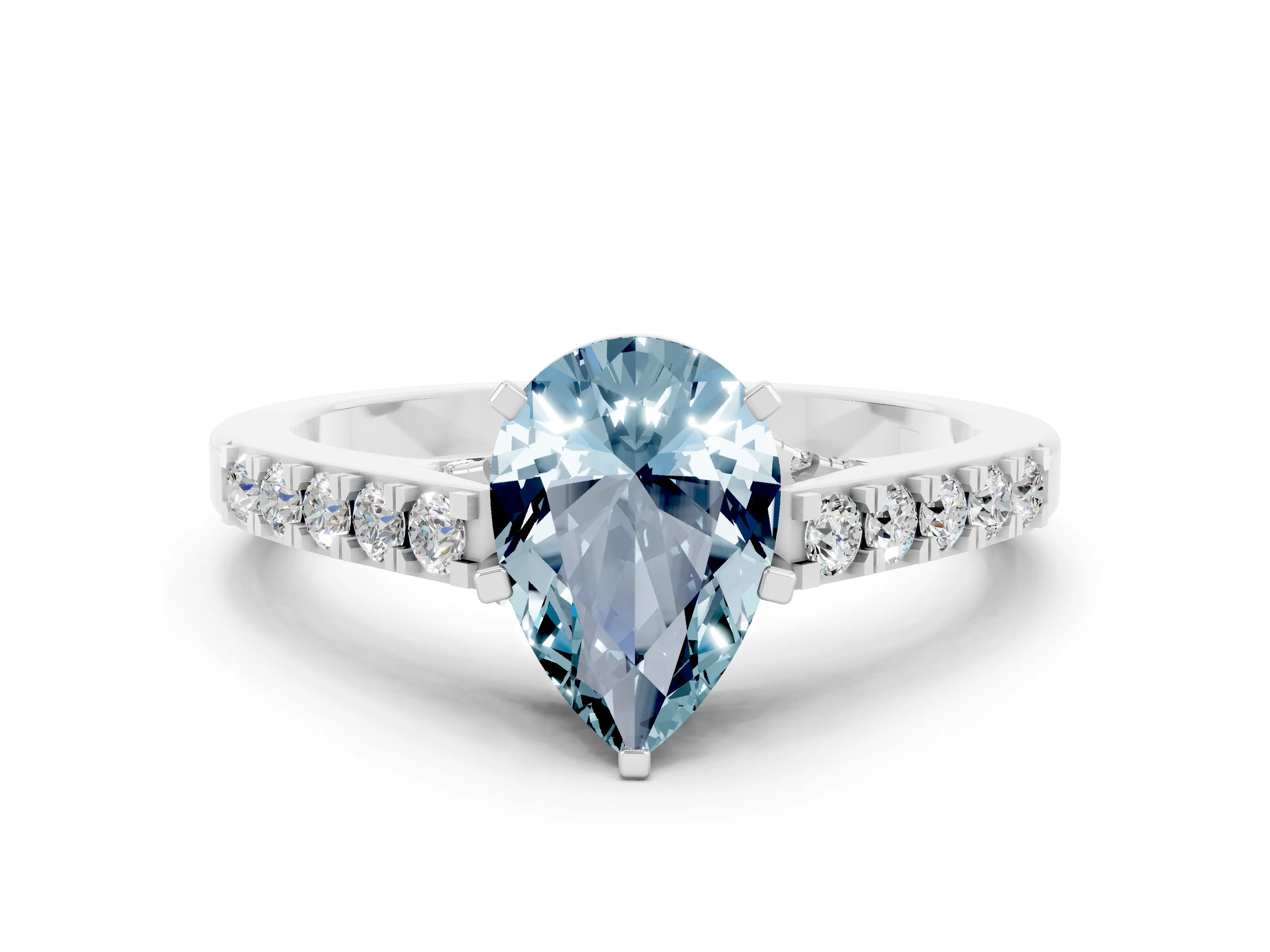 White gold Pear Cut Diamond Solitaire Ring with Pavé Band and Prong Setting