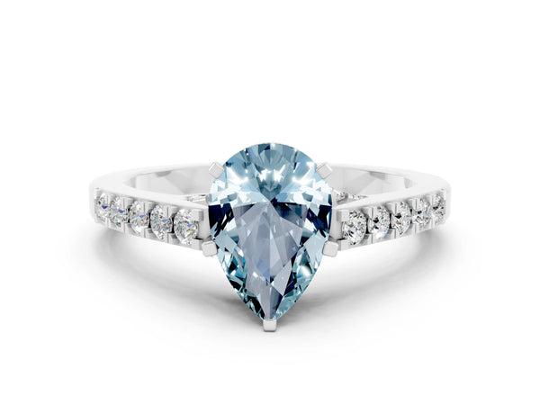 Silver Pear Cut Aquamarine Solitaire Ring with Crossover Gallery and Round  Pavé Band