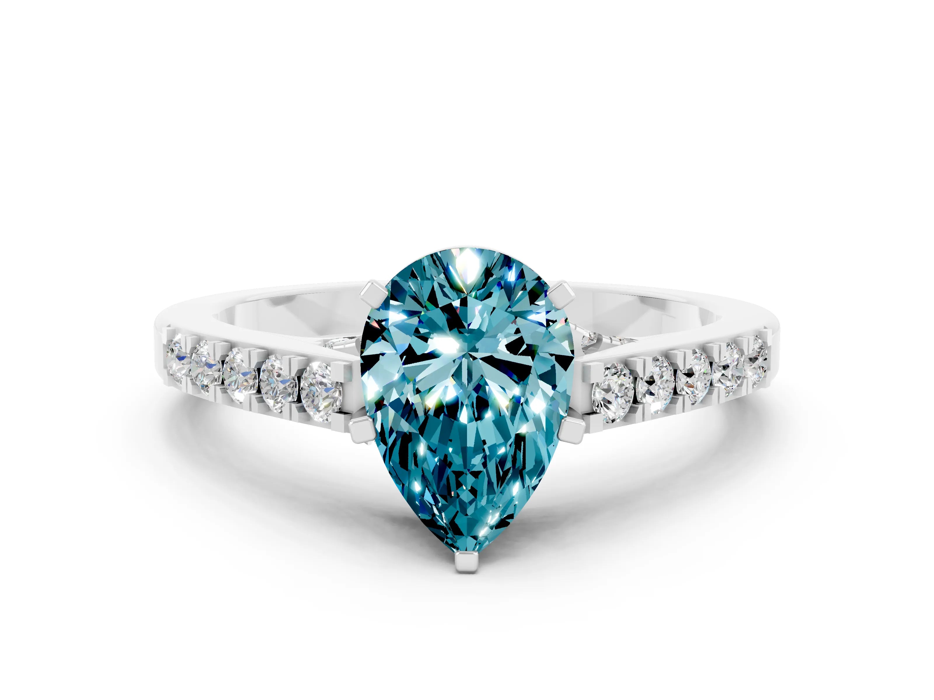 White gold Pear Cut Diamond Solitaire Ring with Pavé Band and Prong Setting