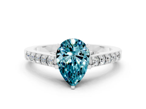 White gold Pear Cut Diamond Solitaire Ring with Pavé Band and Prong Setting