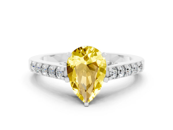 Silver Pear Cut Yellow Sapphire Solitaire Ring with Crossover Gallery and Round  Pavé Band