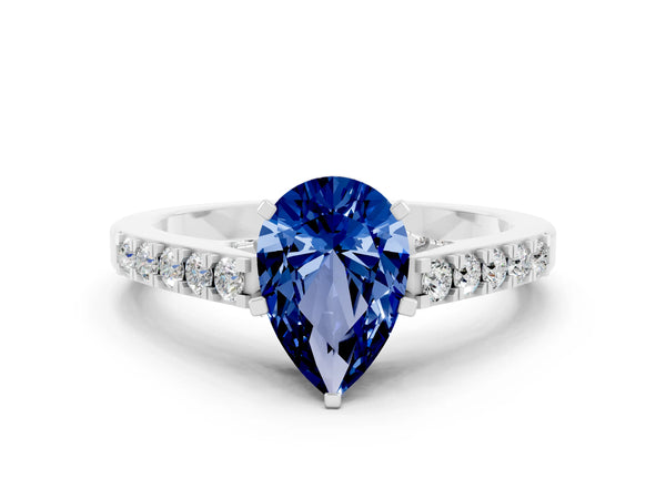Silver Pear Cut Blue Sapphire Solitaire Ring with Crossover Gallery and Round  Pavé Band
