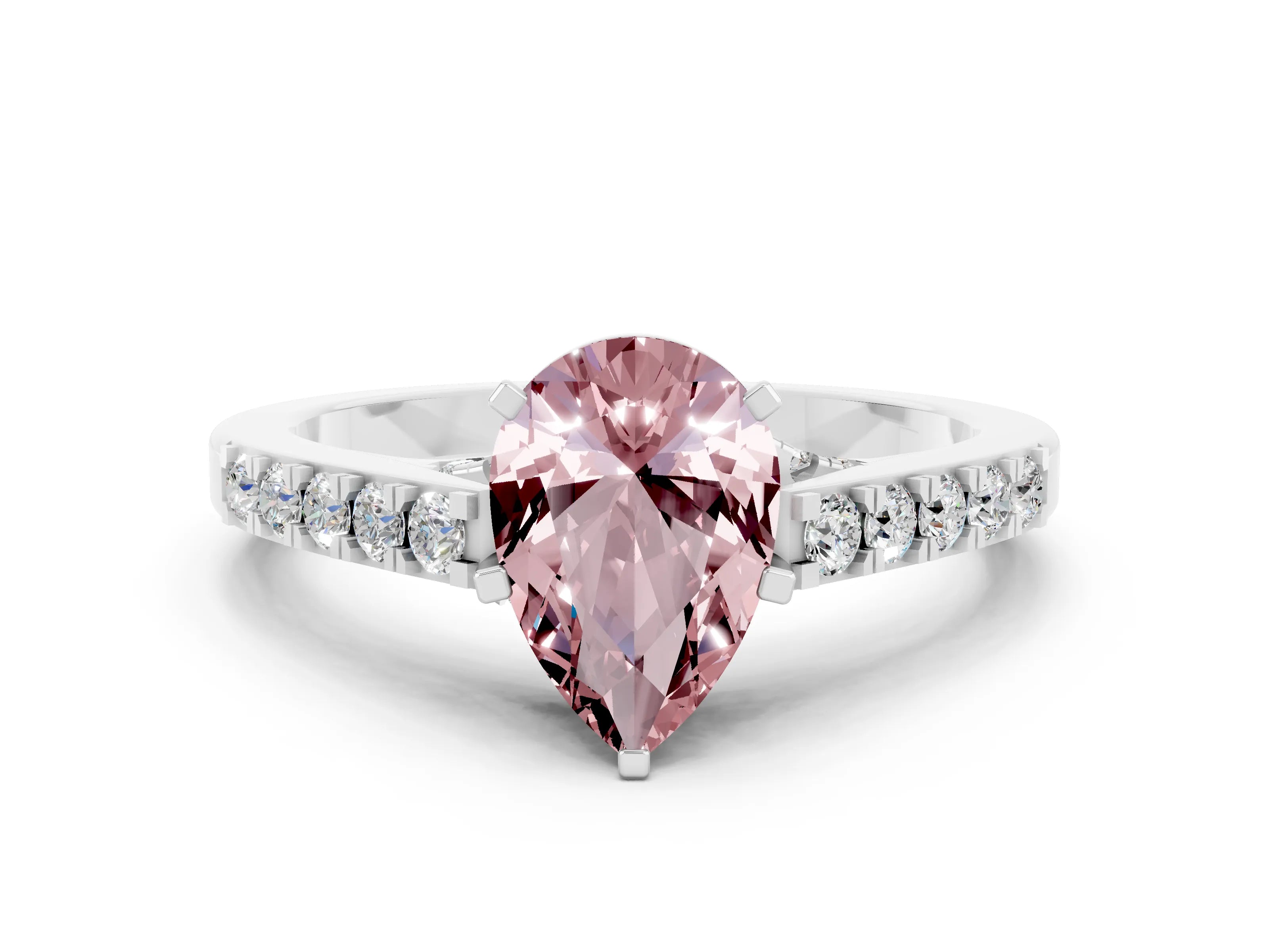 White gold Pear Cut Diamond Solitaire Ring with Pavé Band and Prong Setting