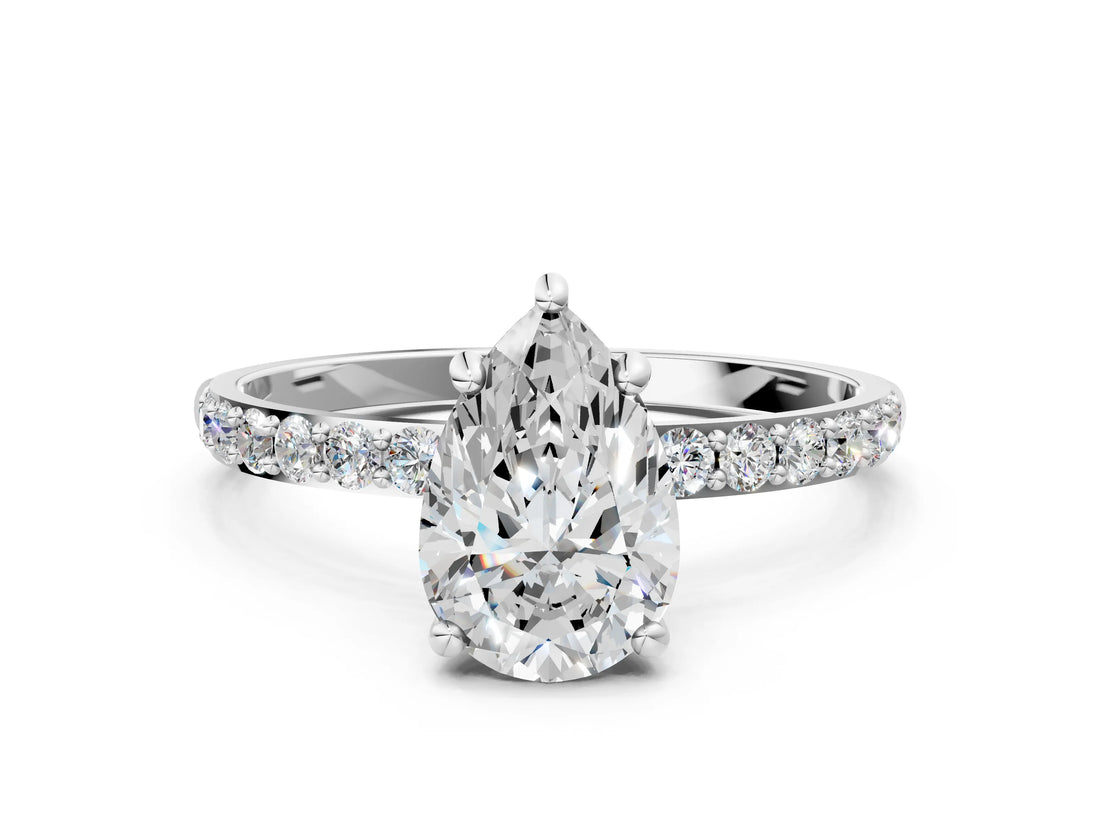 White gold Pear Cut Diamond Solitaire Ring with Pave Band and Four Prong Setting_233