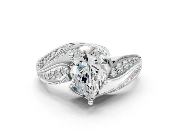 White gold Round Diamond Solitaire Ring with Prong Setting and Twisted Pavé Band