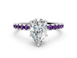 White gold Pear Cut Diamond Solitaire Ring with Round with Amethyst side stone Pavé Band and Four-Prong Setting