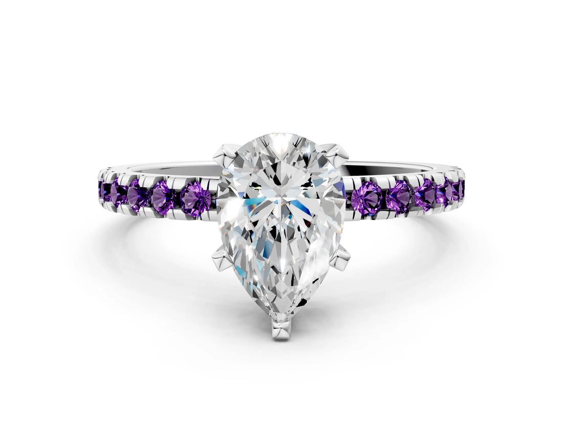 White gold Pear Cut Diamond Solitaire Ring with Round with Amethyst side stone Pavé Band and Four-Prong Setting_36