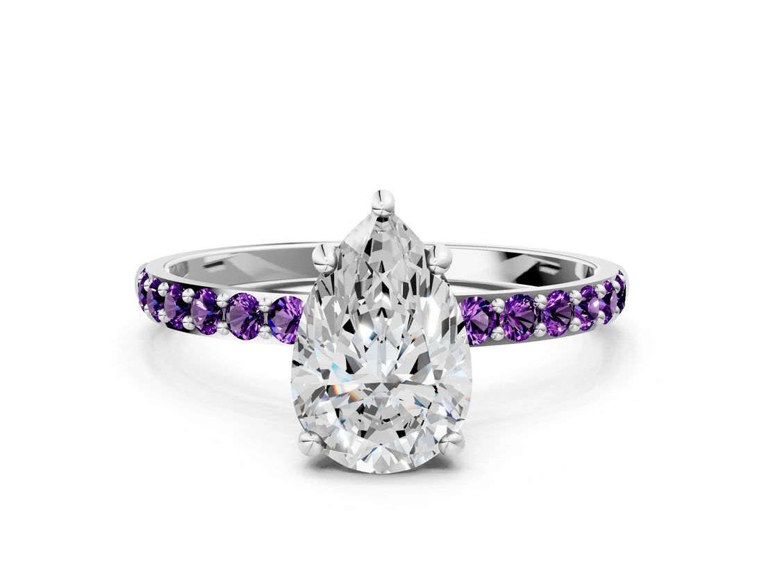 White gold Pear Cut Diamond Solitaire Ring with Round with Amethyst side stone Pavé Band and Prong Setting_12