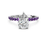 White gold Pear Cut Diamond Solitaire Ring with Round with Amethyst side stone Pavé Band and Prong Setting_12