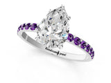 White gold Pear Cut Diamond Solitaire Ring with Round with Amethyst side stone Pavé Band and Prong Setting_1