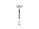 White gold Pear Cut Diamond Solitaire Ring with Round with Aquamarine side stone Pavé Band and Prong Setting_14