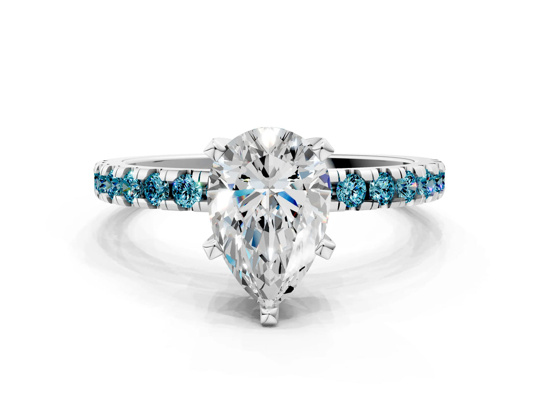 White gold Pear Cut Diamond Solitaire Ring with Round with Blue Topaz side stone Pavé Band and Four-Prong Setting_12