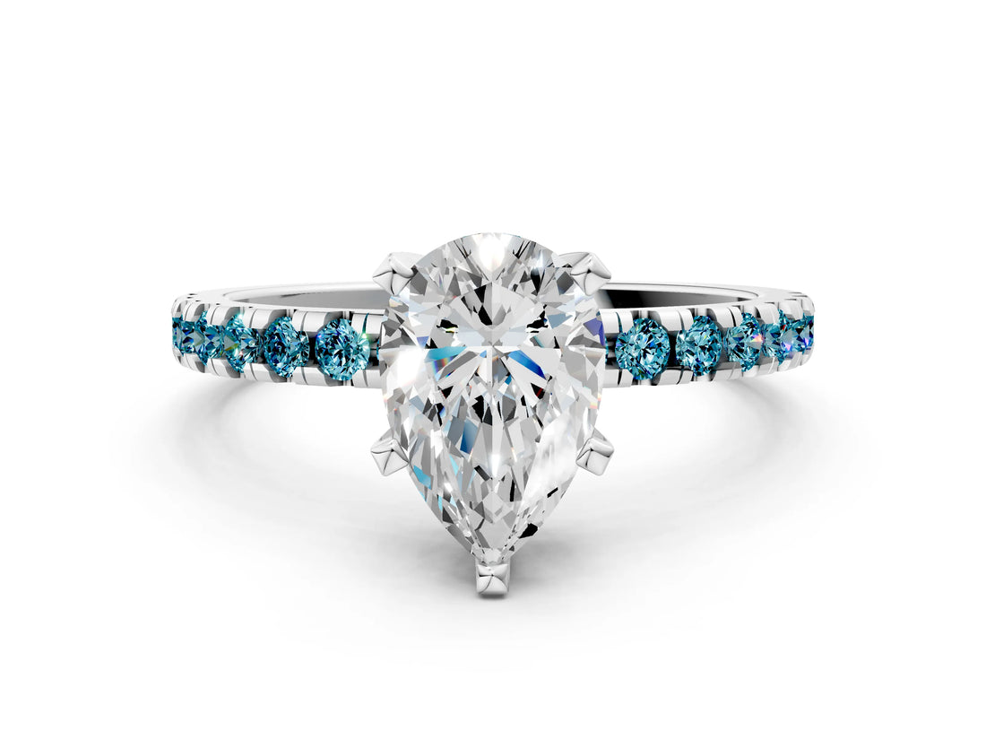 White gold Pear Cut Diamond Solitaire Ring with Round with Blue Topaz side stone Pavé Band and Four-Prong Setting_36