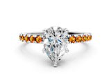 White gold Pear Cut Diamond Solitaire Ring with Round with Citrine side stone Pavé Band and Four-Prong Setting