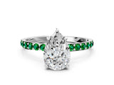 White gold Pear Cut Diamond Solitaire Ring with Round with Emerald side stone Pavé Band and Prong Setting_12