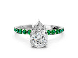 White gold Pear Cut Diamond Solitaire Ring with Round with Emerald side stone Pavé Band and Prong Setting_24