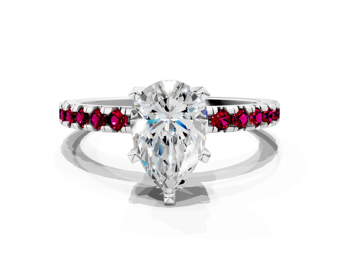 White gold Pear Cut Diamond Solitaire Ring with Round with Garnet side stone Pavé Band and Four-Prong Setting_12