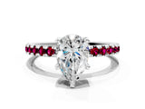 White gold Pear Cut Diamond Solitaire Ring with Round with Garnet side stone Pavé Band and Four-Prong Setting_12