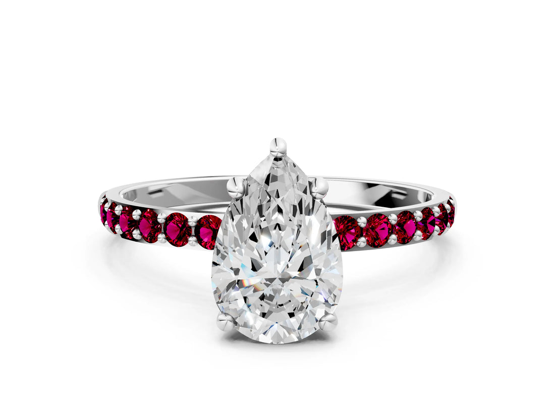 White gold Pear Cut Diamond Solitaire Ring with Round with Garnet side stone Pavé Band and Prong Setting_12