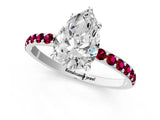 White gold Pear Cut Diamond Solitaire Ring with Round with Garnet side stone Pavé Band and Prong Setting_13