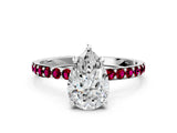 White gold Pear Cut Diamond Solitaire Ring with Round with Garnet side stone Pavé Band and Prong Setting_24
