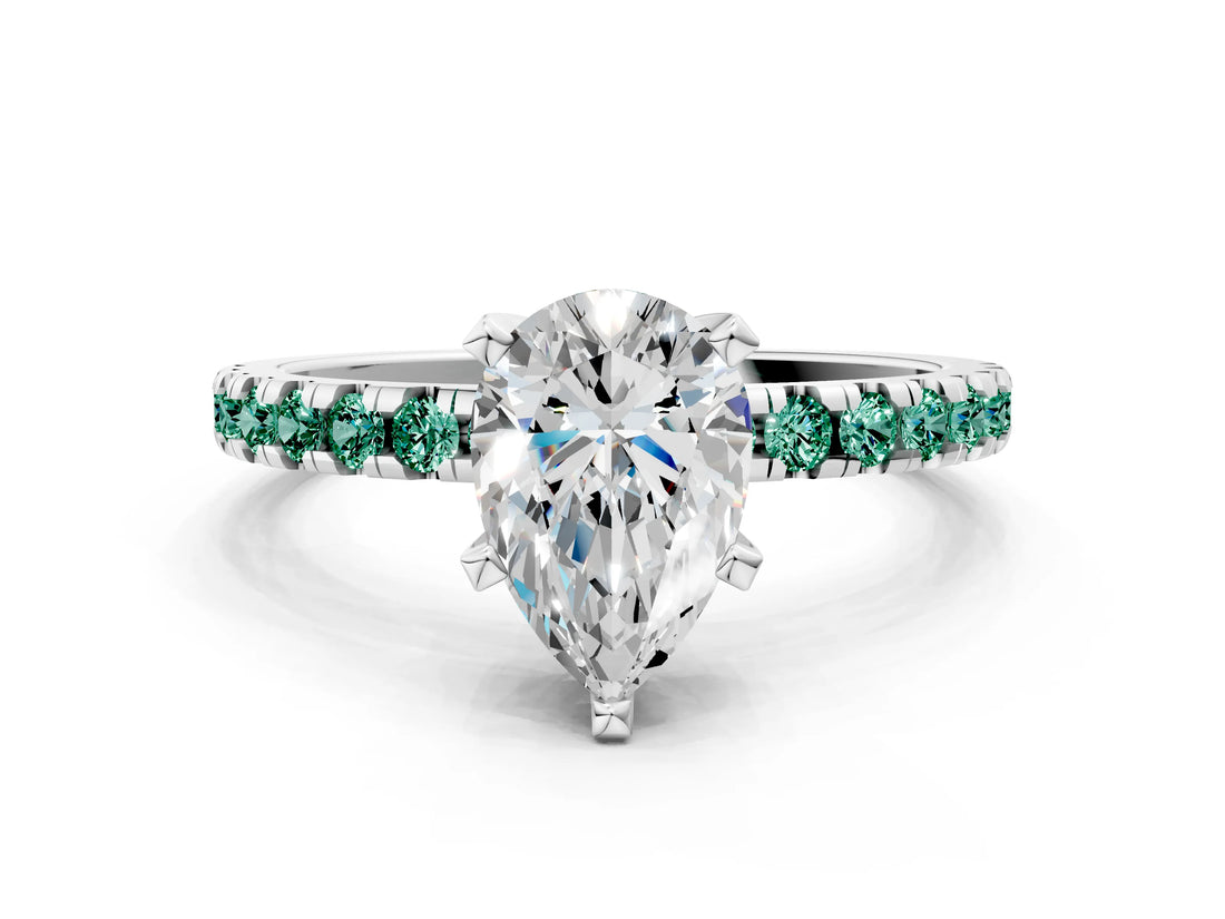 White gold Pear Cut Diamond Solitaire Ring with Round with Green Sapphire side stone Pavé Band and Four-Prong Setting_12