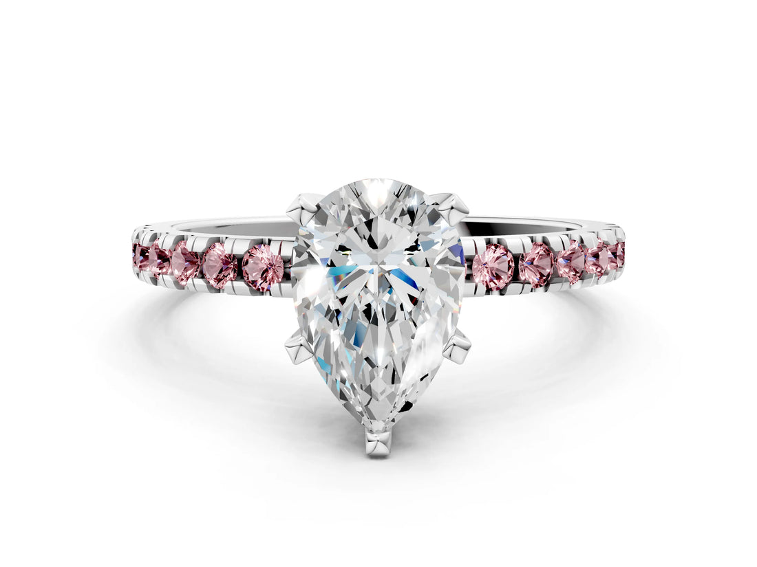 White gold Pear Cut Diamond Solitaire Ring with Round with Morganite side stone Pavé Band and Four-Prong Setting_24