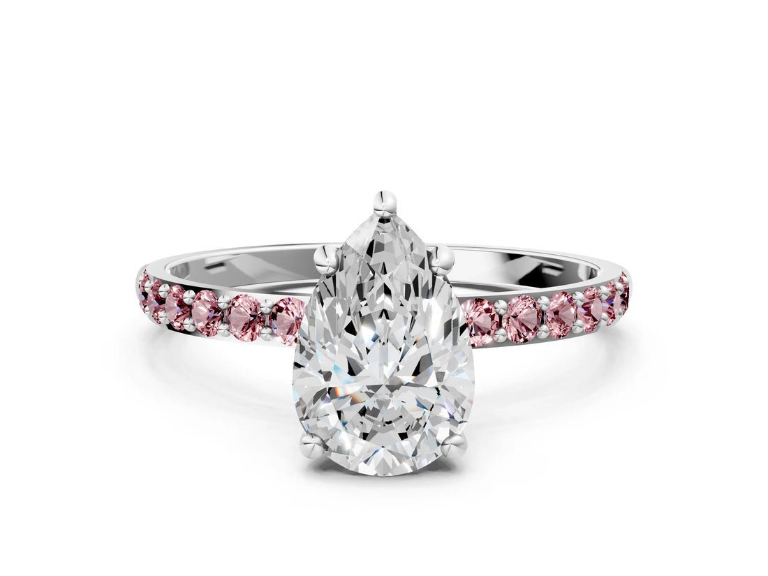White gold Pear Cut Diamond Solitaire Ring with Round with Morganite side stone Pavé Band and Prong Setting_12