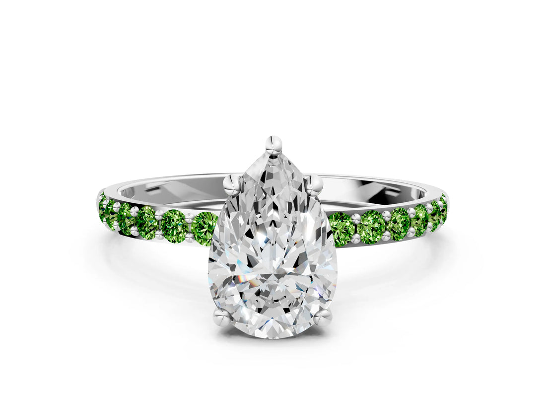 White gold Pear Cut Diamond Solitaire Ring with Round with Peridot side stone Pavé Band and Prong Setting_12