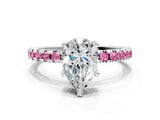 White gold Pear Cut Diamond Solitaire Ring with Round with Pink Sapphire side stone Pavé Band and Four-Prong Setting