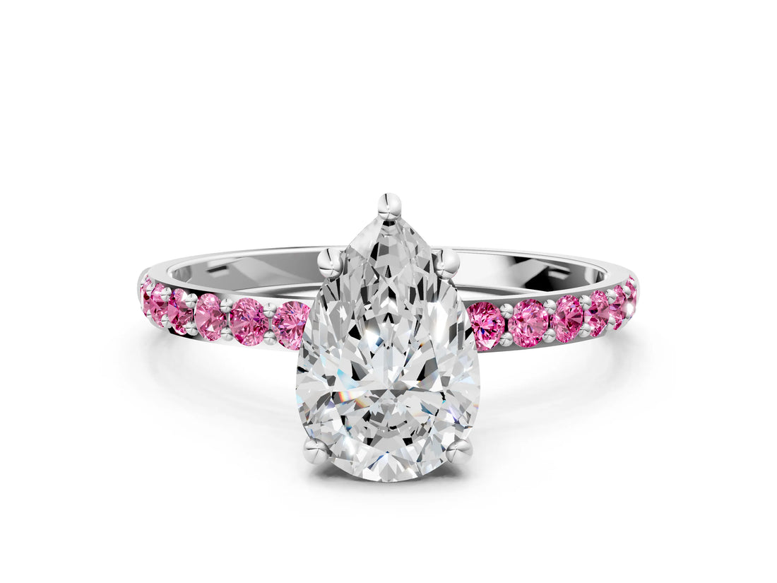 White gold Pear Cut Diamond Solitaire Ring with Round with Pink Sapphire side stone Pavé Band and Prong Setting_12