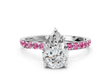 White gold Pear Cut Diamond Solitaire Ring with Round with Pink Sapphire side stone Pavé Band and Prong Setting_12