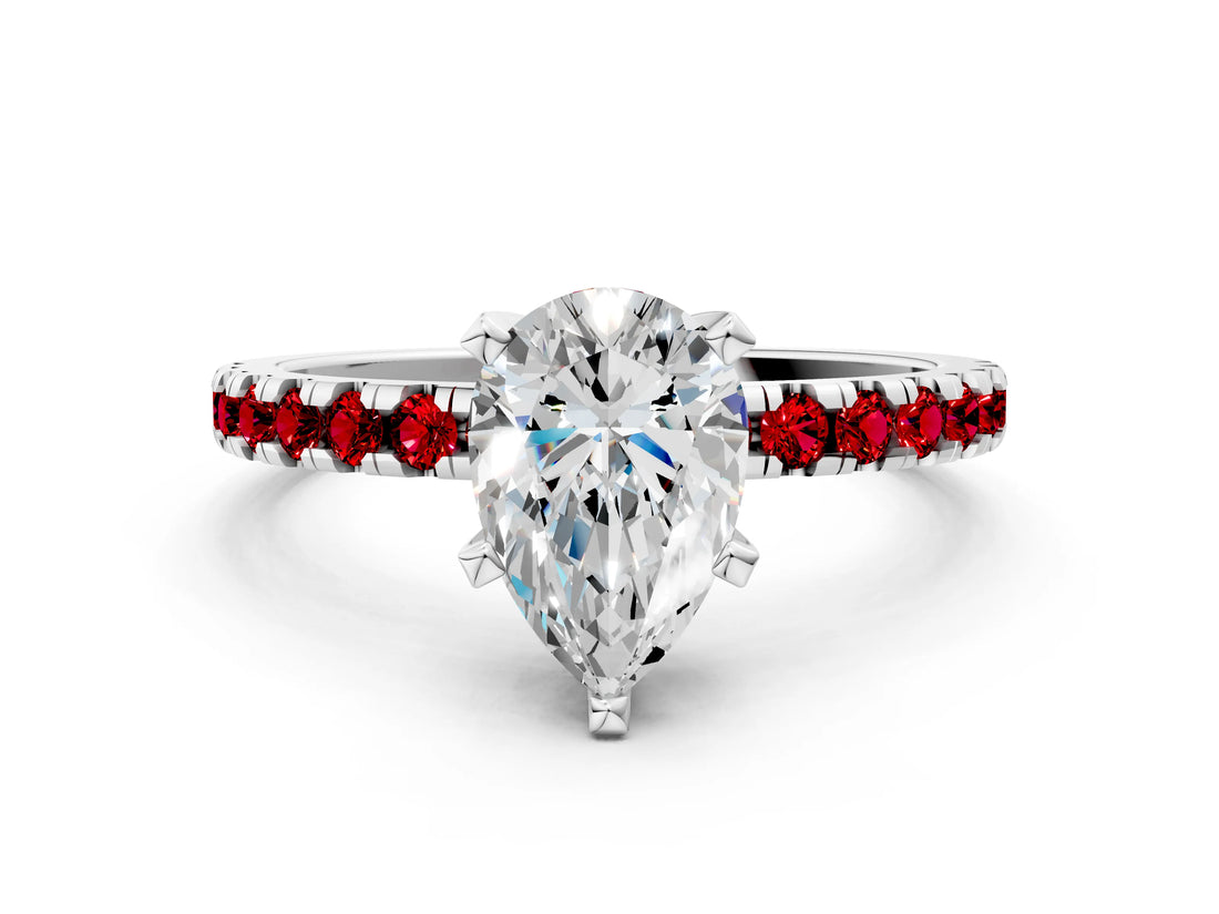 White gold Pear Cut Diamond Solitaire Ring with Round with Ruby side stone Pavé Band and Four-Prong Setting_36