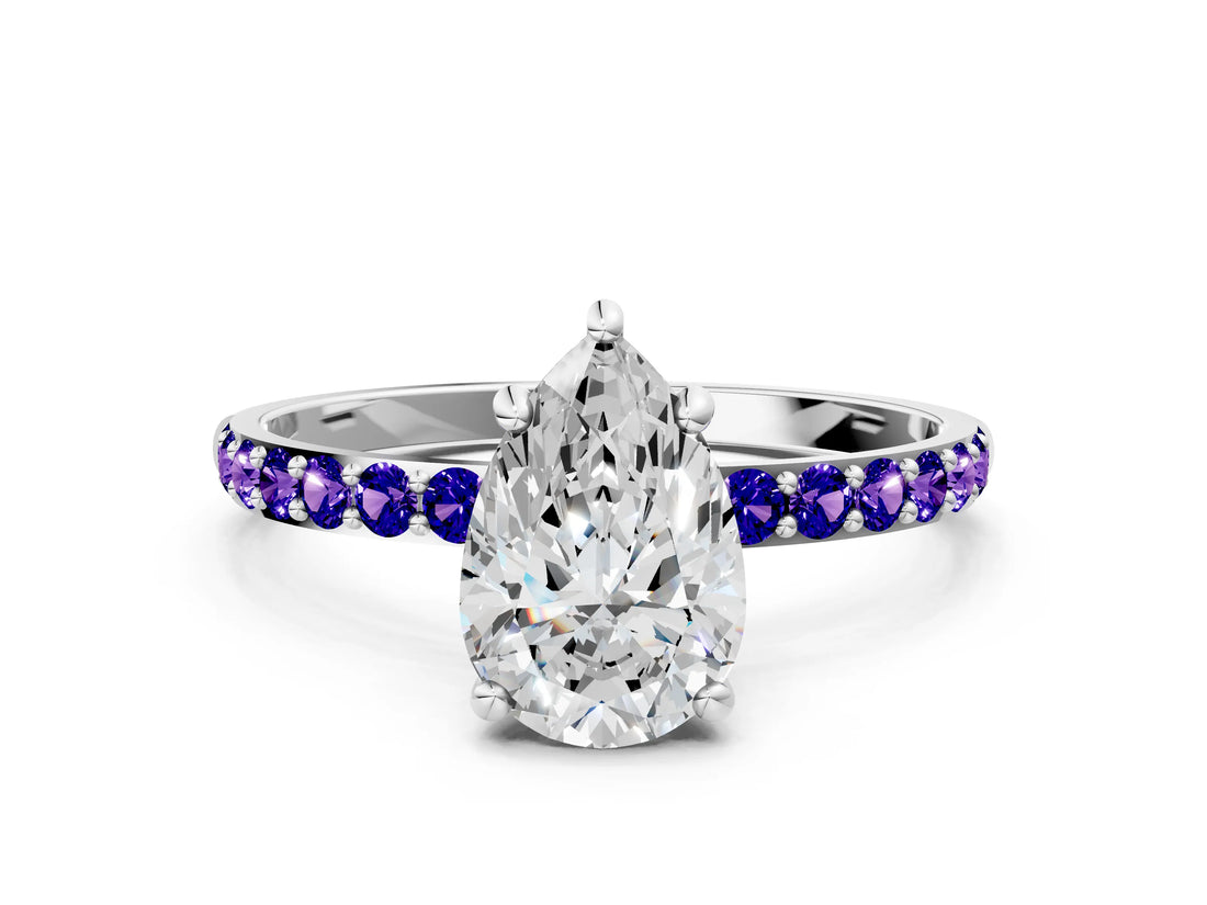 White gold Pear Cut Diamond Solitaire Ring with Round with Tanzanite side stone Pavé Band and Prong Setting_12