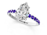 White gold Pear Cut Diamond Solitaire Ring with Round with Tanzanite side stone Pavé Band and Prong Setting_13